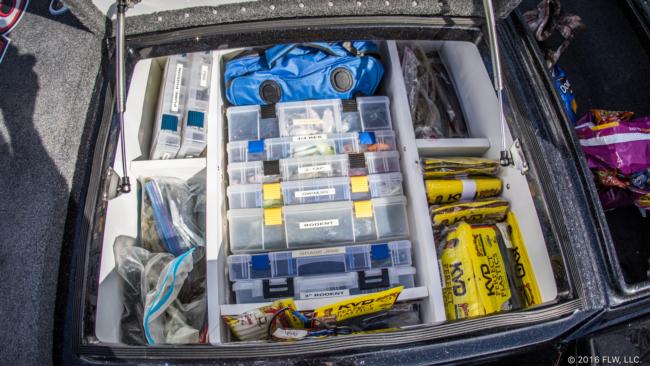 In his primary tackle locker, the meticulous pro has custom-built dividers so he can fit small boxes or plastics on the side with a healthy dose of standard-sized tackle trays down the middle. 