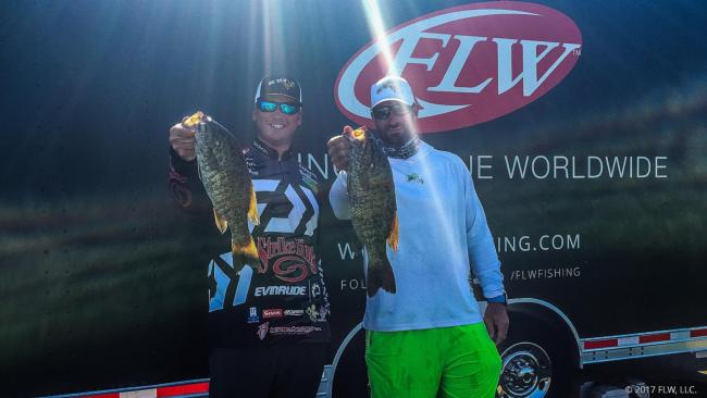 FLW Tour pro Cody Meyer and MN Viking Brian Robison show off a couple of nice Mississippi River smallmouth.